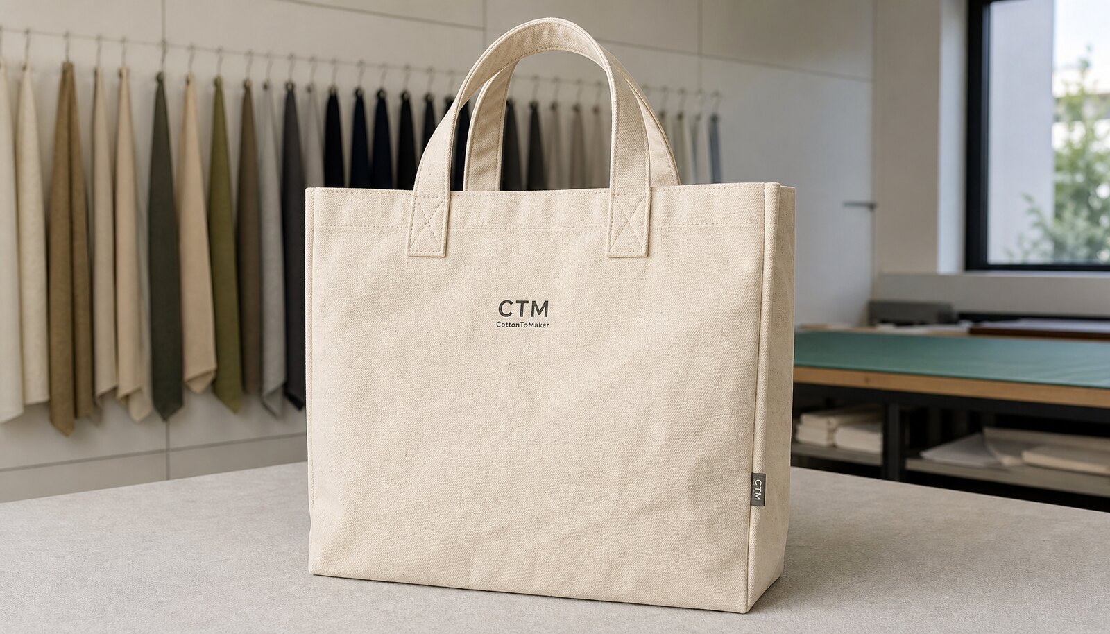 Natural canvas grocery tote with CTM sample logo shown in a factory sample room