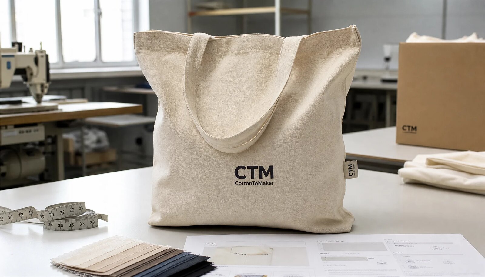 Natural canvas grocery tote with a CTM sample logo on a sewn side label in a clean factory sample room