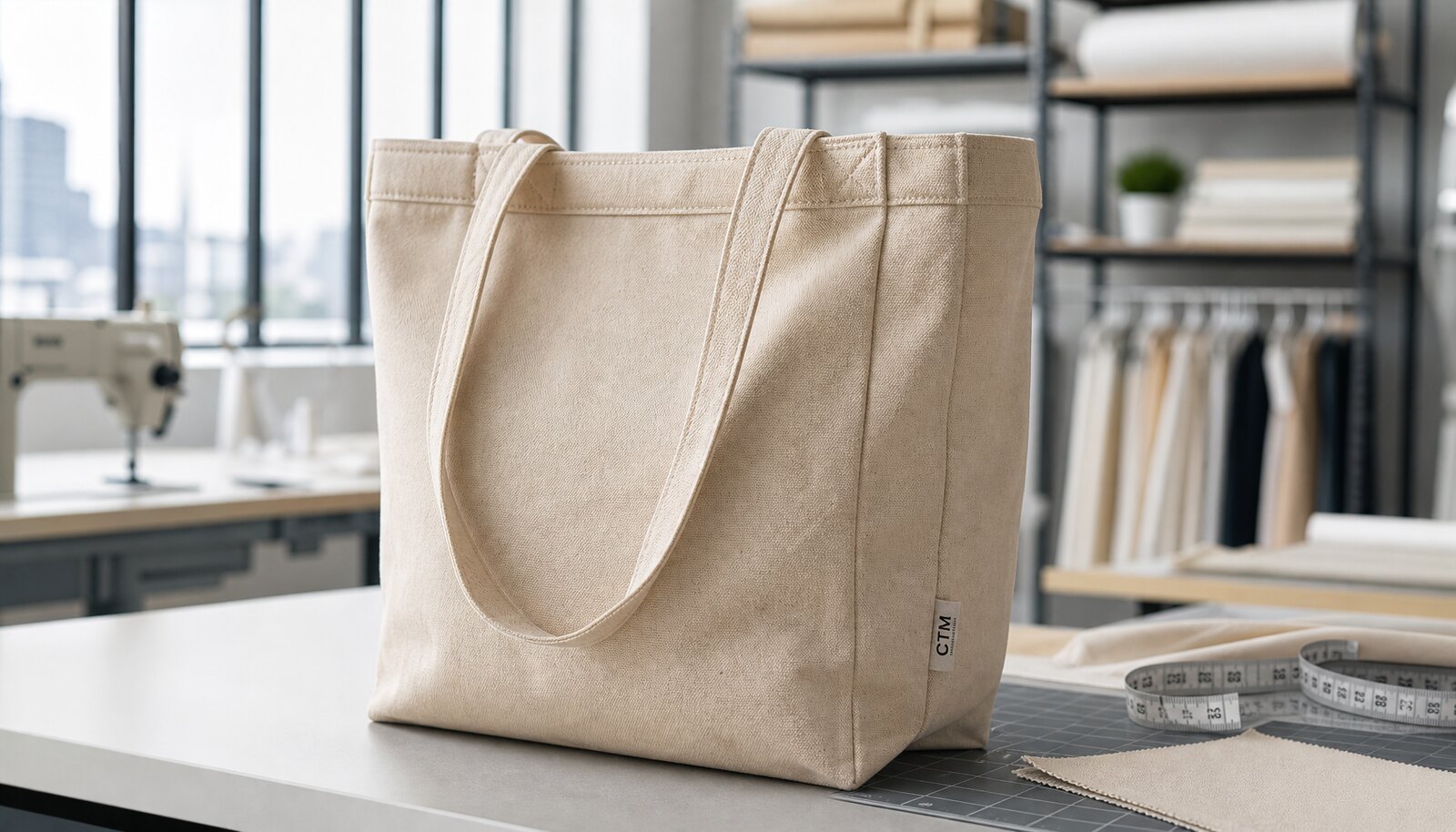 Photorealistic canvas grocery tote with a CTM CottonToMaker sample logo in a factory sample room