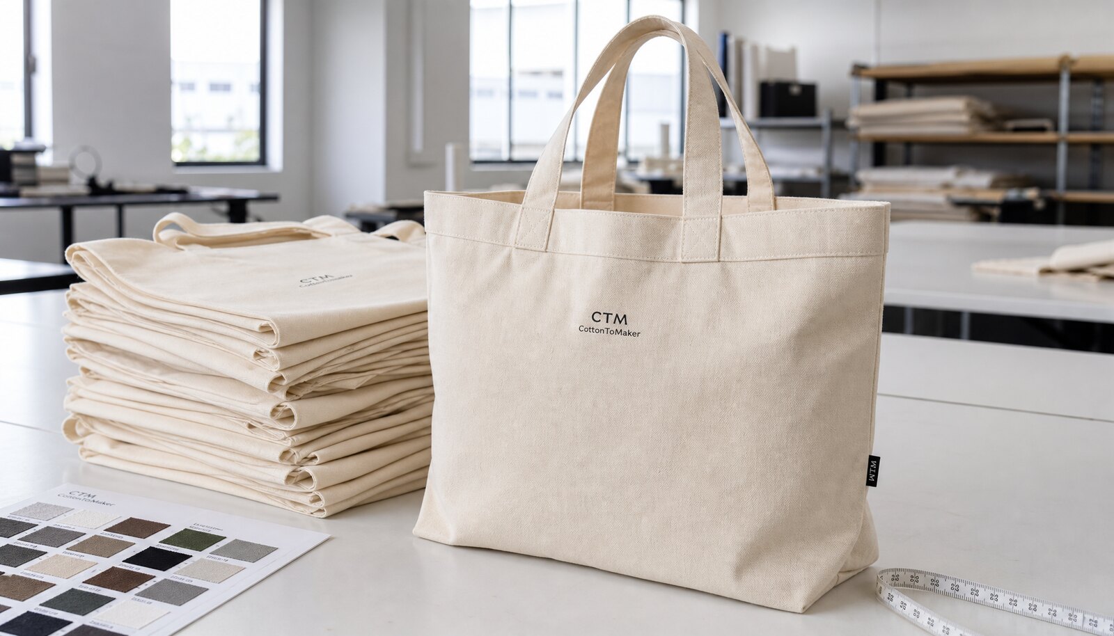 Natural canvas grocery tote with a small CTM CottonToMaker logo printed on the front in a factory sample room