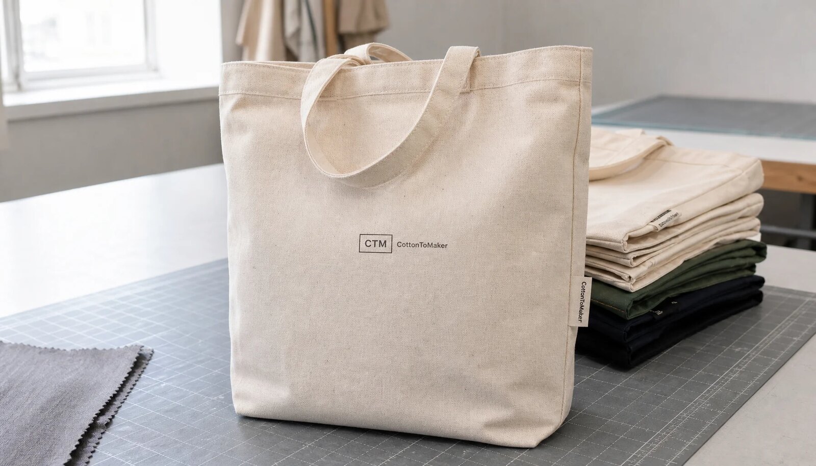 Natural canvas grocery tote with a simple CTM/CottonToMaker logo in a factory sample room