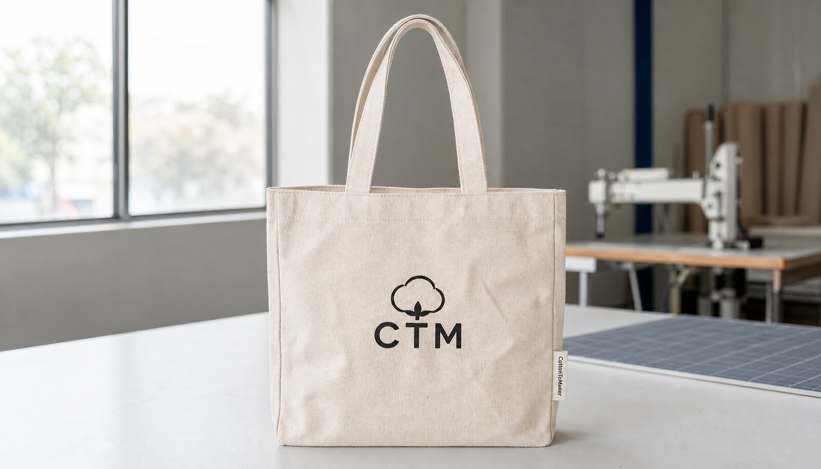 Natural canvas grocery tote with a simple CTM logo print and sewn side label in a factory sample room