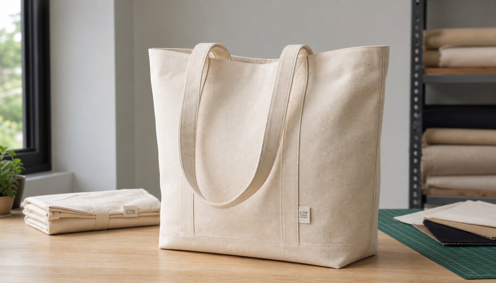Canvas grocery tote with reinforced handles and a small CottonToMaker sample logo in a factory sample room