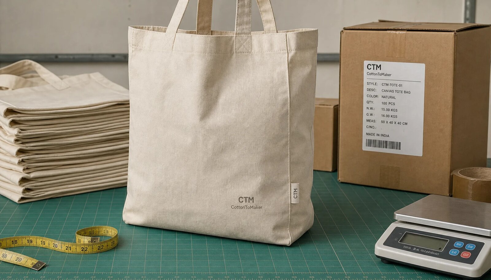 Natural canvas grocery totes with a small CTM CottonToMaker logo beside export cartons, measuring tape, and scale in a factory sample room.