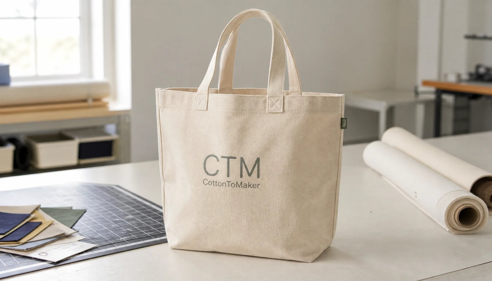 A natural canvas grocery tote with a small CTM/CottonToMaker logo printed on the front in a factory sample room