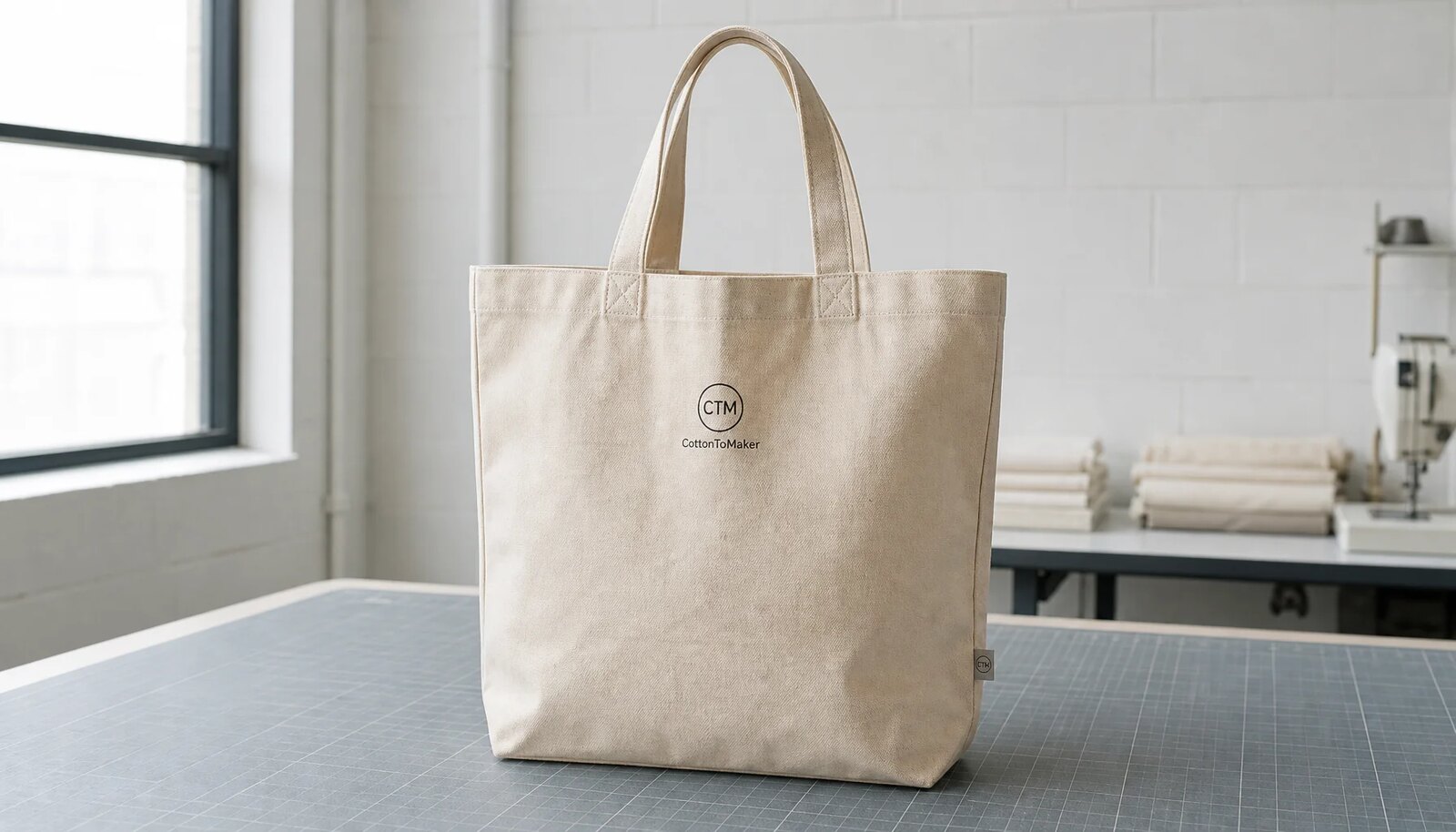 Natural canvas grocery tote with a simple CTM/CottonToMaker logo in a clean sample room