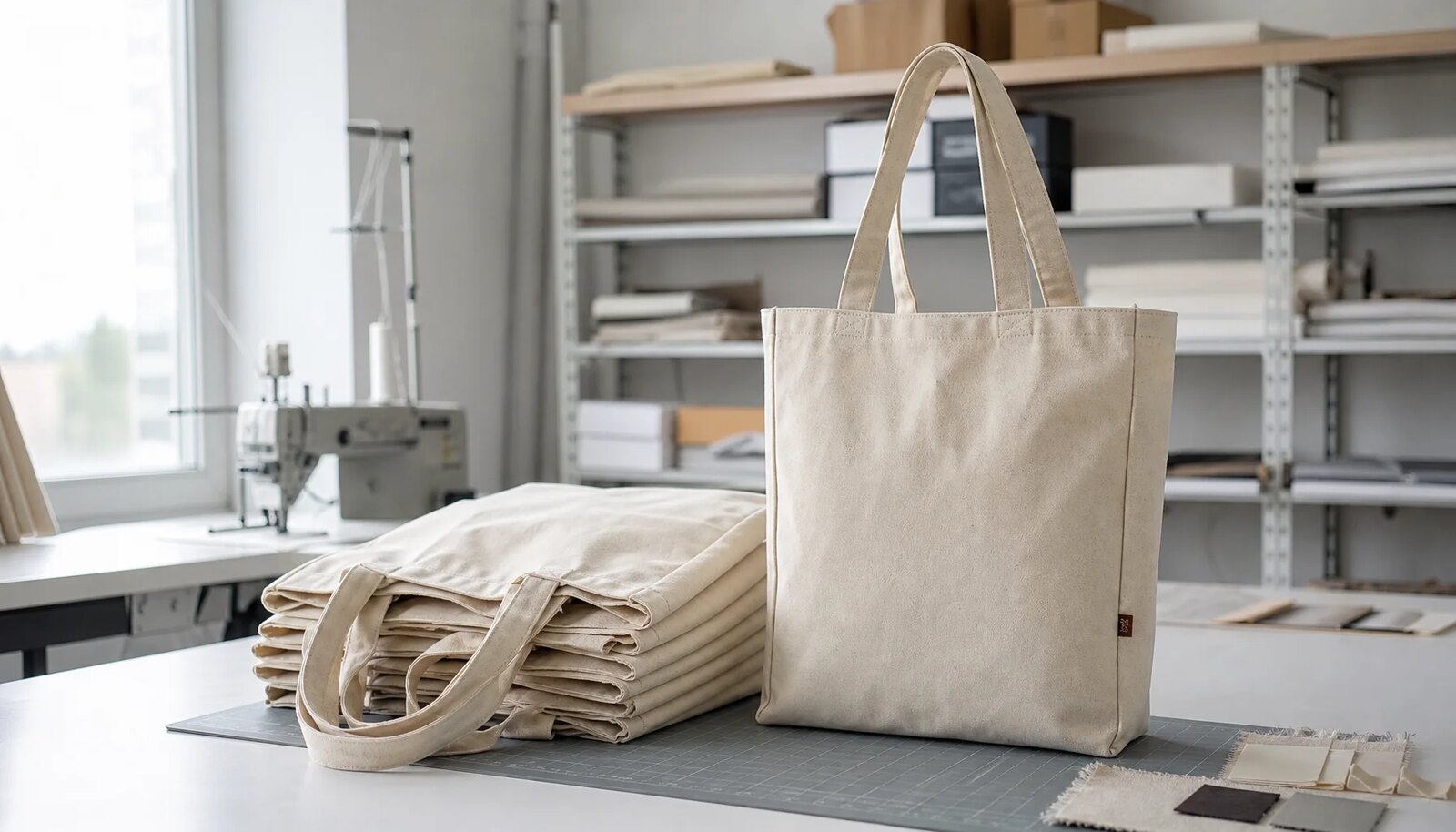 A natural canvas grocery tote with a small CTM/CottonToMaker sample logo in a clean factory sample room.