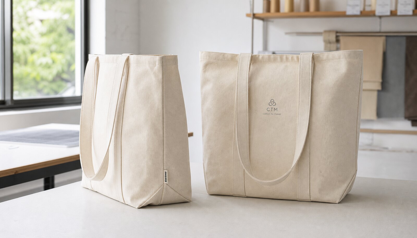 Natural canvas grocery tote bags with a small CTM sample logo in a factory sample room