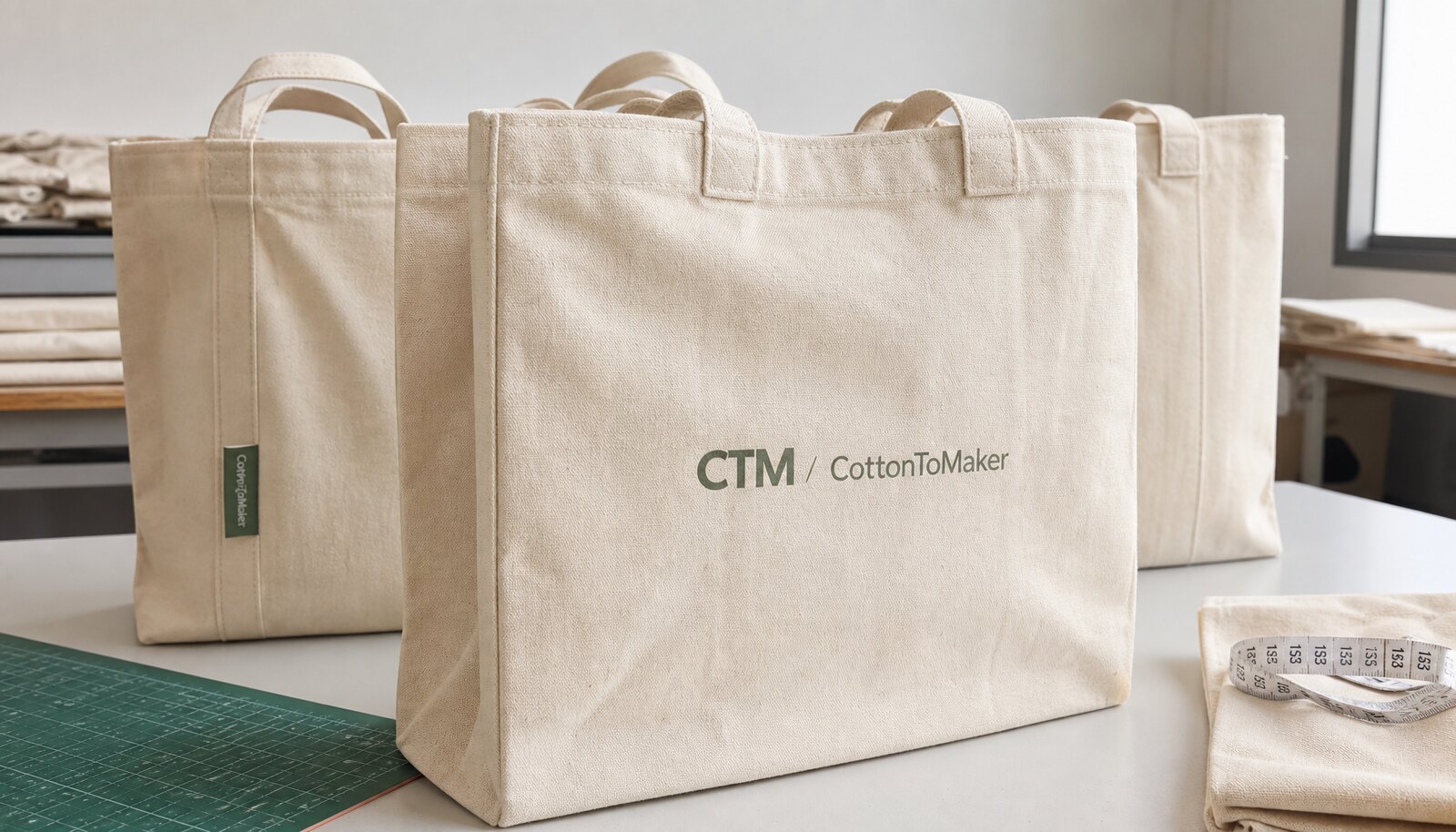 Natural canvas grocery totes in a factory sample room with a simple CTM CottonToMaker logo printed on the front and a side woven label.