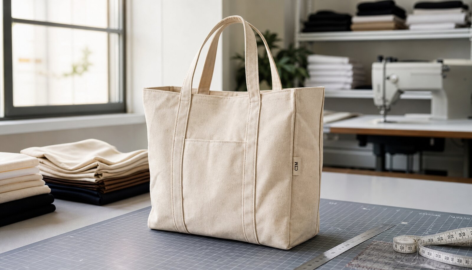 Natural canvas grocery tote with a CTM CottonToMaker sample label in a factory sample room