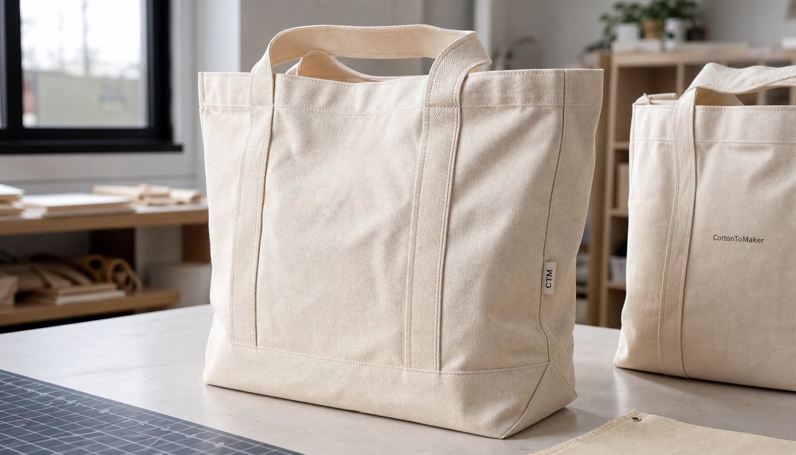 Canvas grocery tote with reinforced handles and sample logo in a factory sample room