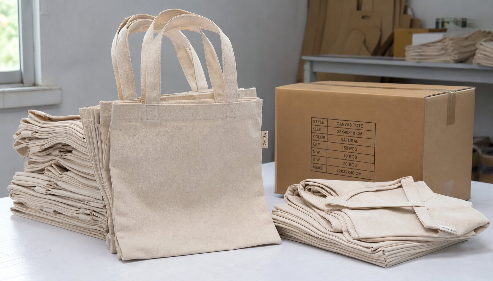Natural canvas grocery totes stacked in a clean sample room with a small CTM / CottonToMaker woven side label, stitched handles, and flat-fold carton packing.