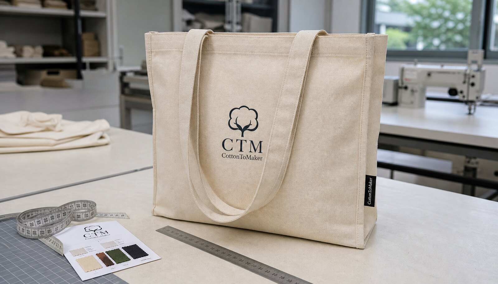 Natural canvas grocery tote with a CTM sample logo in a factory sample room