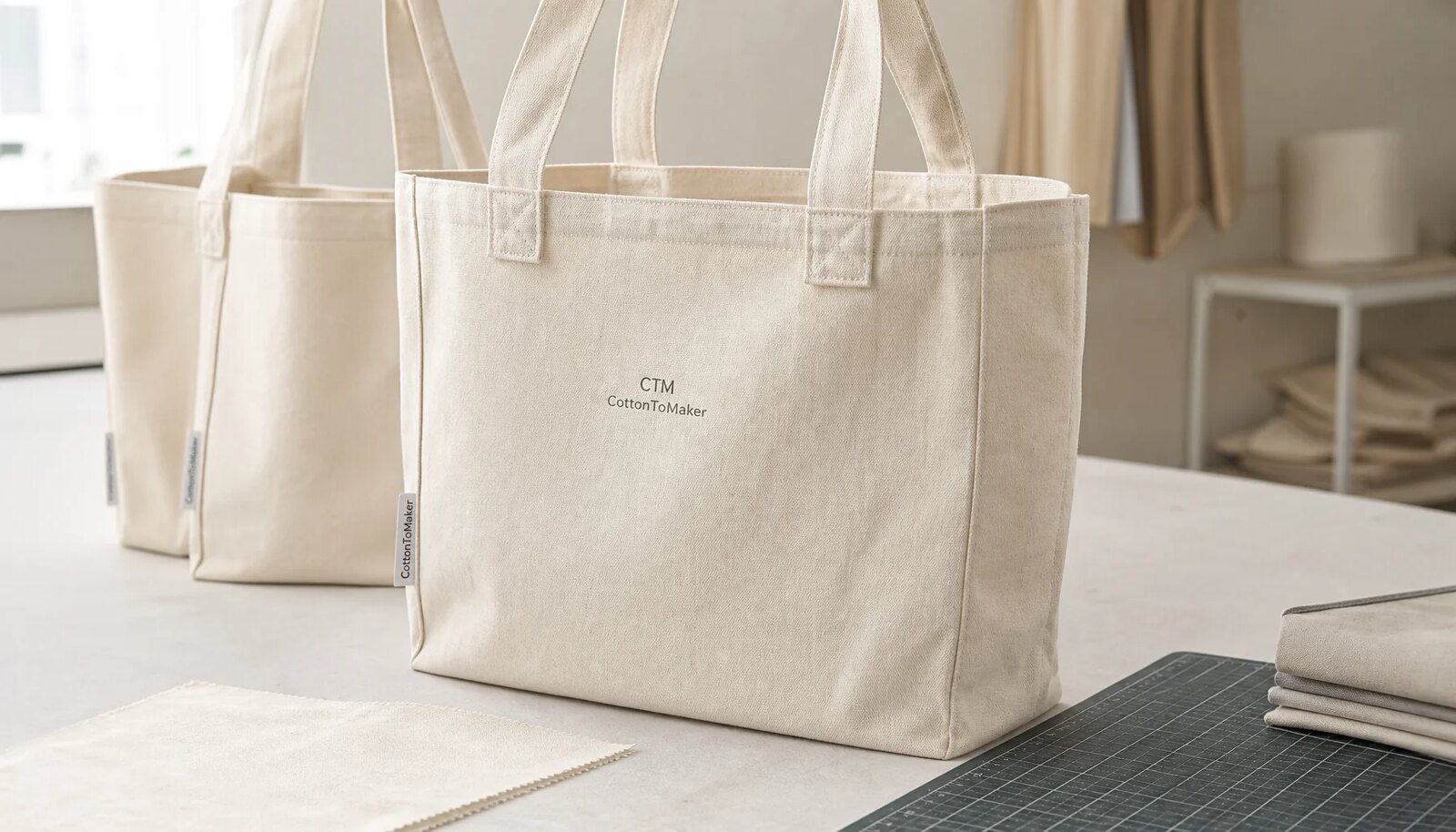 Natural canvas grocery tote with CTM printed sample logo and CottonToMaker side label in a clean studio