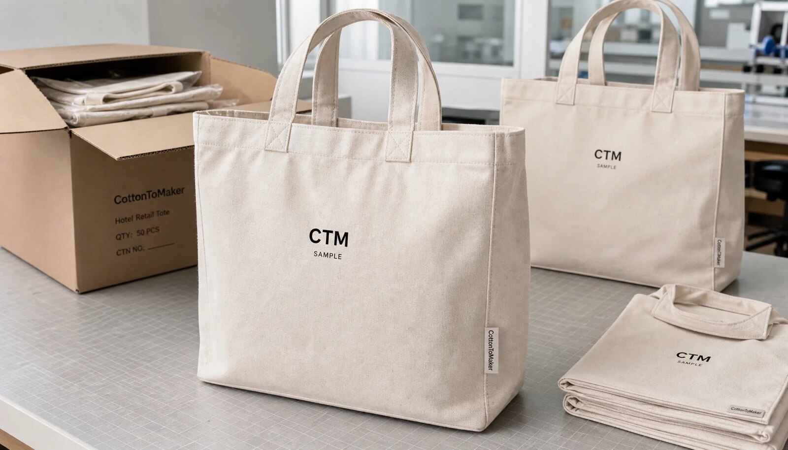 Natural canvas grocery totes with CTM sample logo and shipping carton for hotel retail packing review