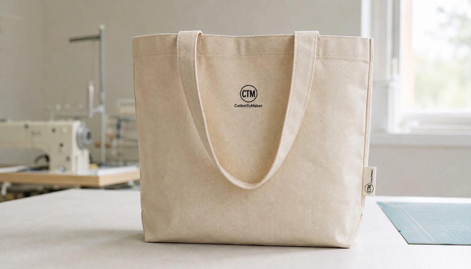 Natural canvas grocery tote with a CTM sample logo in a factory sample room