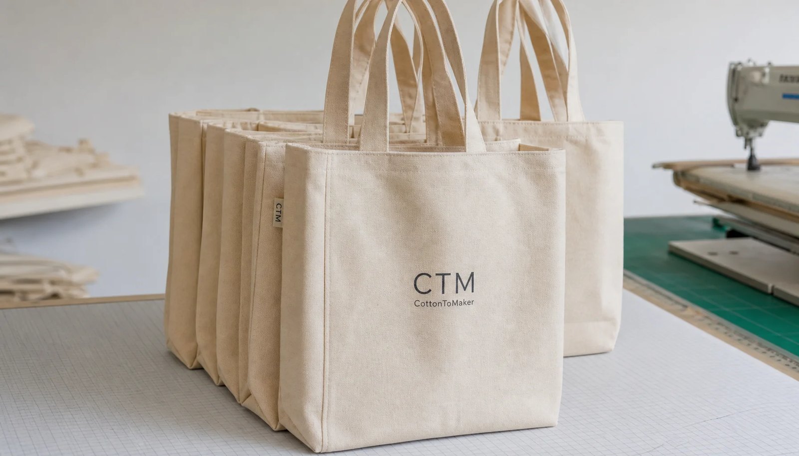 Natural canvas grocery totes with CTM sample logo in a clean factory sample room