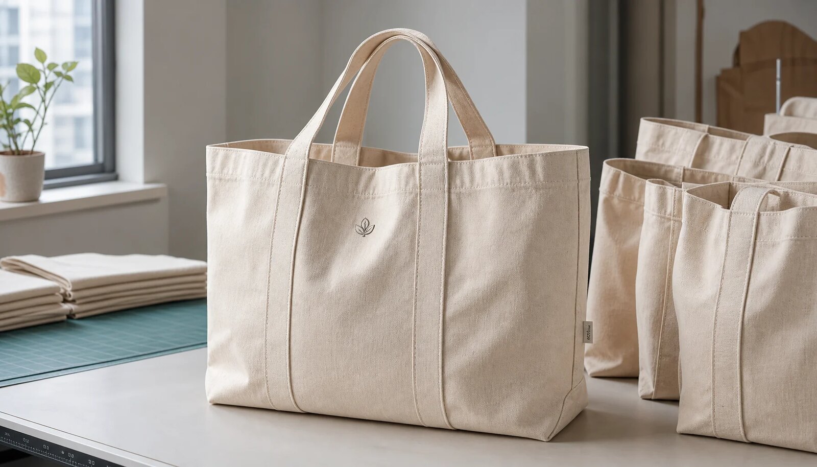 Natural canvas grocery totes with a small CTM sample logo printed on the front in a factory sample room