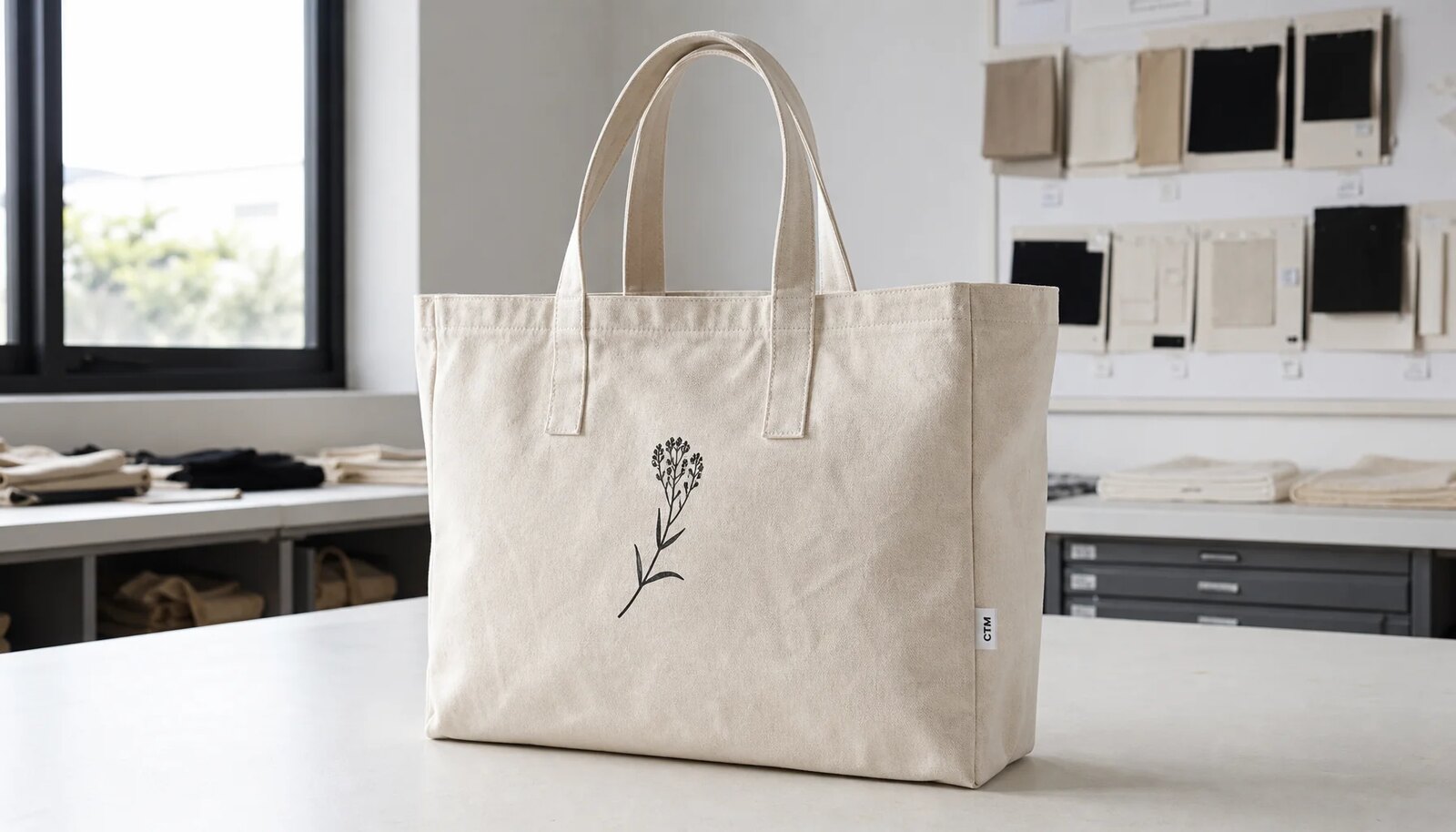 Natural canvas grocery tote with CTM logo label and black print in a factory sample room.