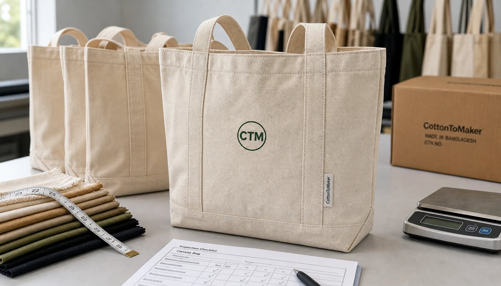 Wholesale canvas grocery tote samples with CTM printed logo and sewn CottonToMaker side label on a factory sample table