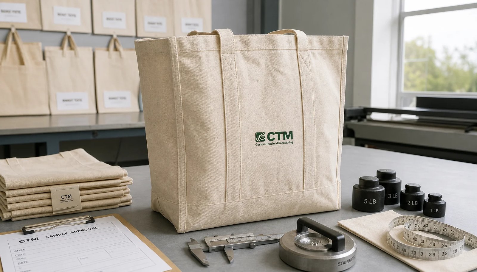 Natural canvas grocery tote sample with reinforced handles and measuring tools for trade show durability inspection