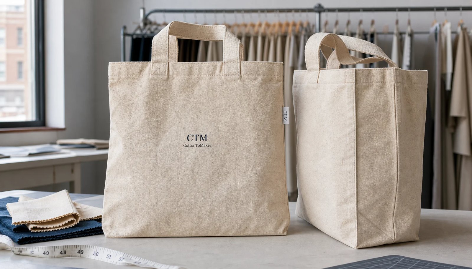 Natural canvas grocery tote sample with CTM CottonToMaker logo, side gusset, and reinforced handles