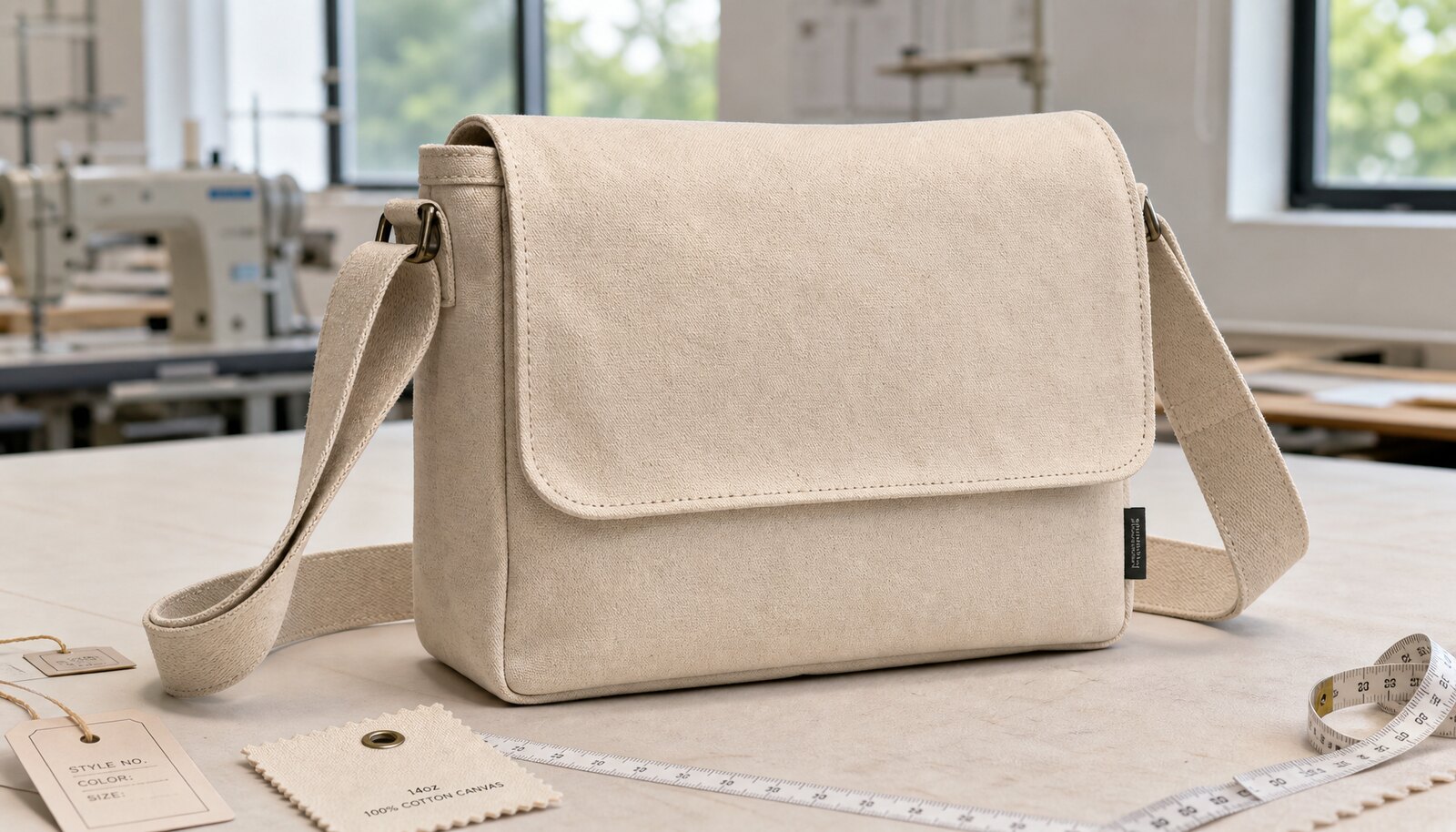 Natural canvas messenger bag with a sewn CTM/CottonToMaker side label in a clean factory sample room.