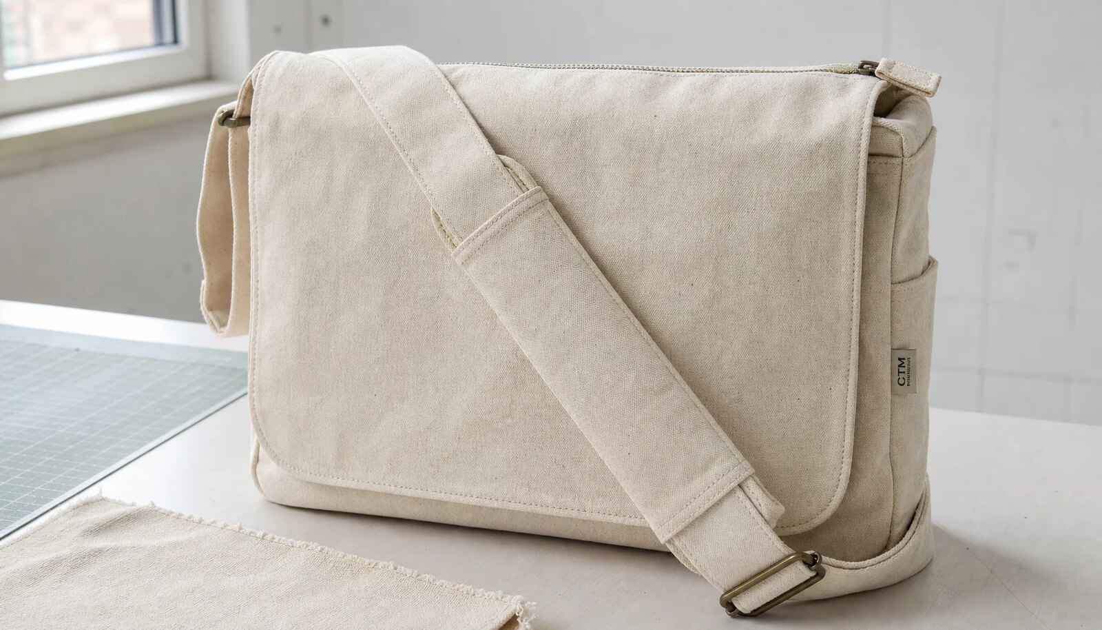 Natural canvas messenger bag with a CTM sample label in a factory sample room
