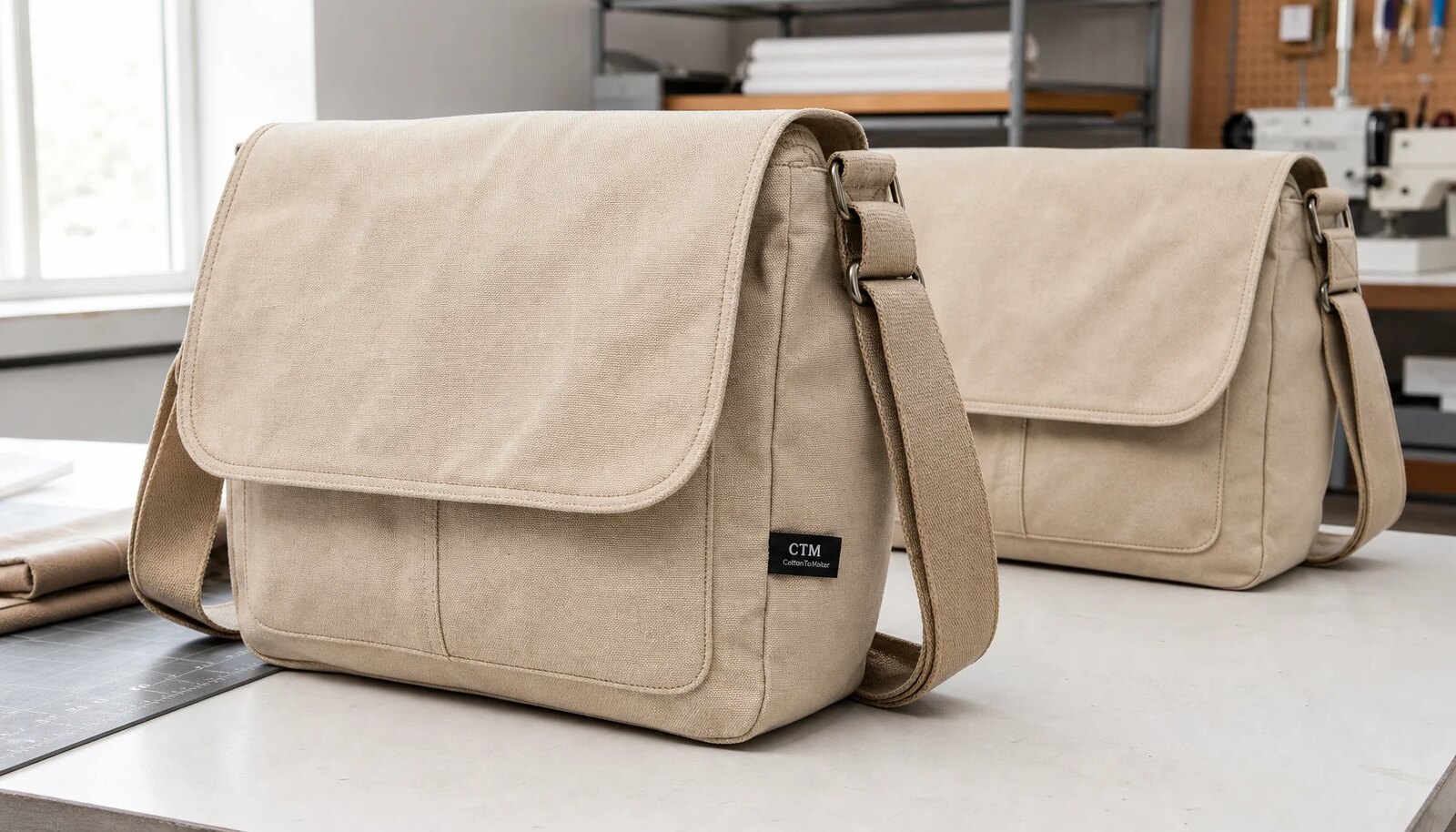 Canvas messenger bag sample with a sewn CottonToMaker side label in a factory sample room