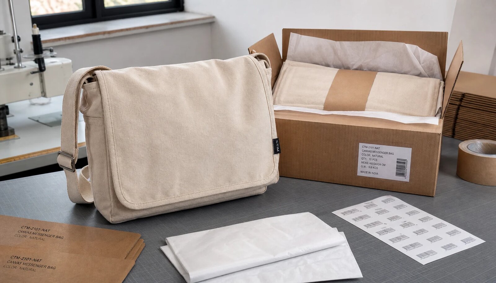 Wholesale canvas messenger bags with a visible CottonToMaker side label displayed in a factory sample room next to carton packing materials