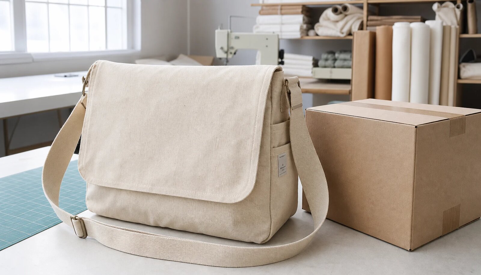 Photorealistic canvas messenger bag sample with a simple CTM / CottonToMaker logo in a factory sample room