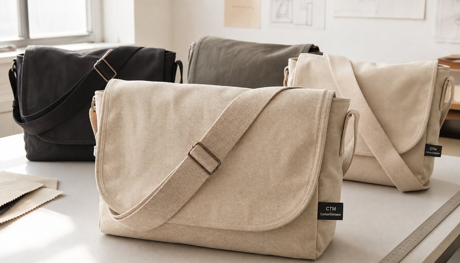 Canvas messenger bags with a CTM CottonToMaker sample logo in a clean factory sample room