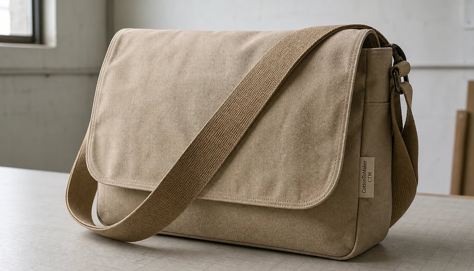 Canvas messenger bag sample with CTM side label in a factory sample room.