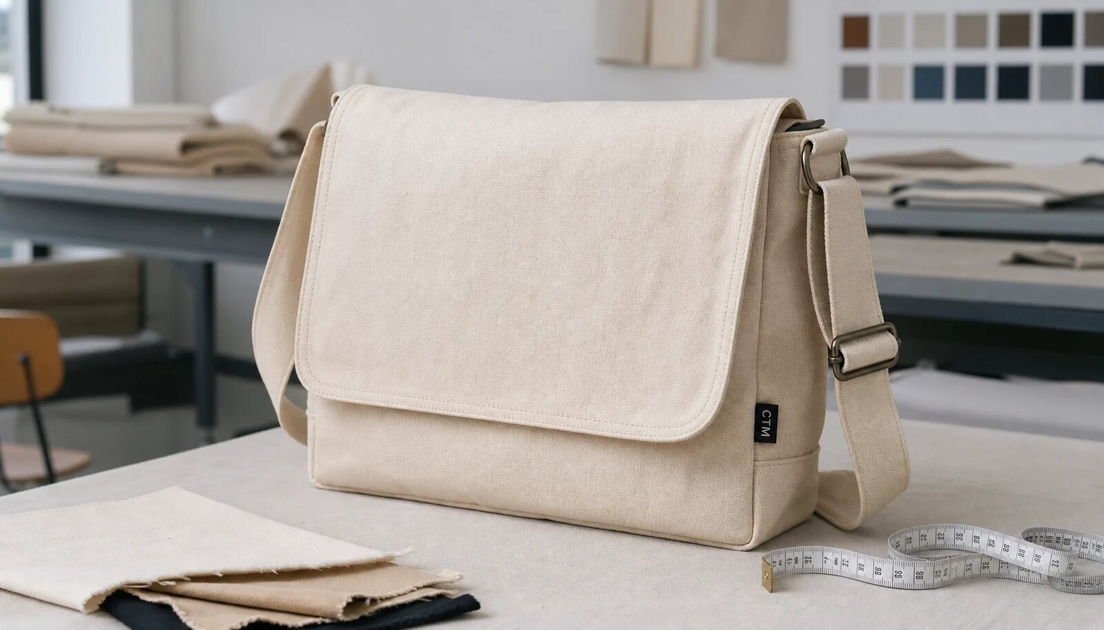 Natural canvas messenger bag sample with CTM woven side label and reinforced strap stitching in a factory sample room