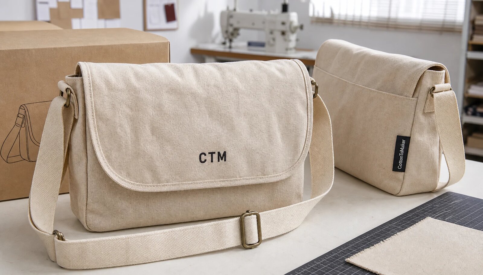 Natural canvas messenger bag samples with CTM logo in a factory sample room