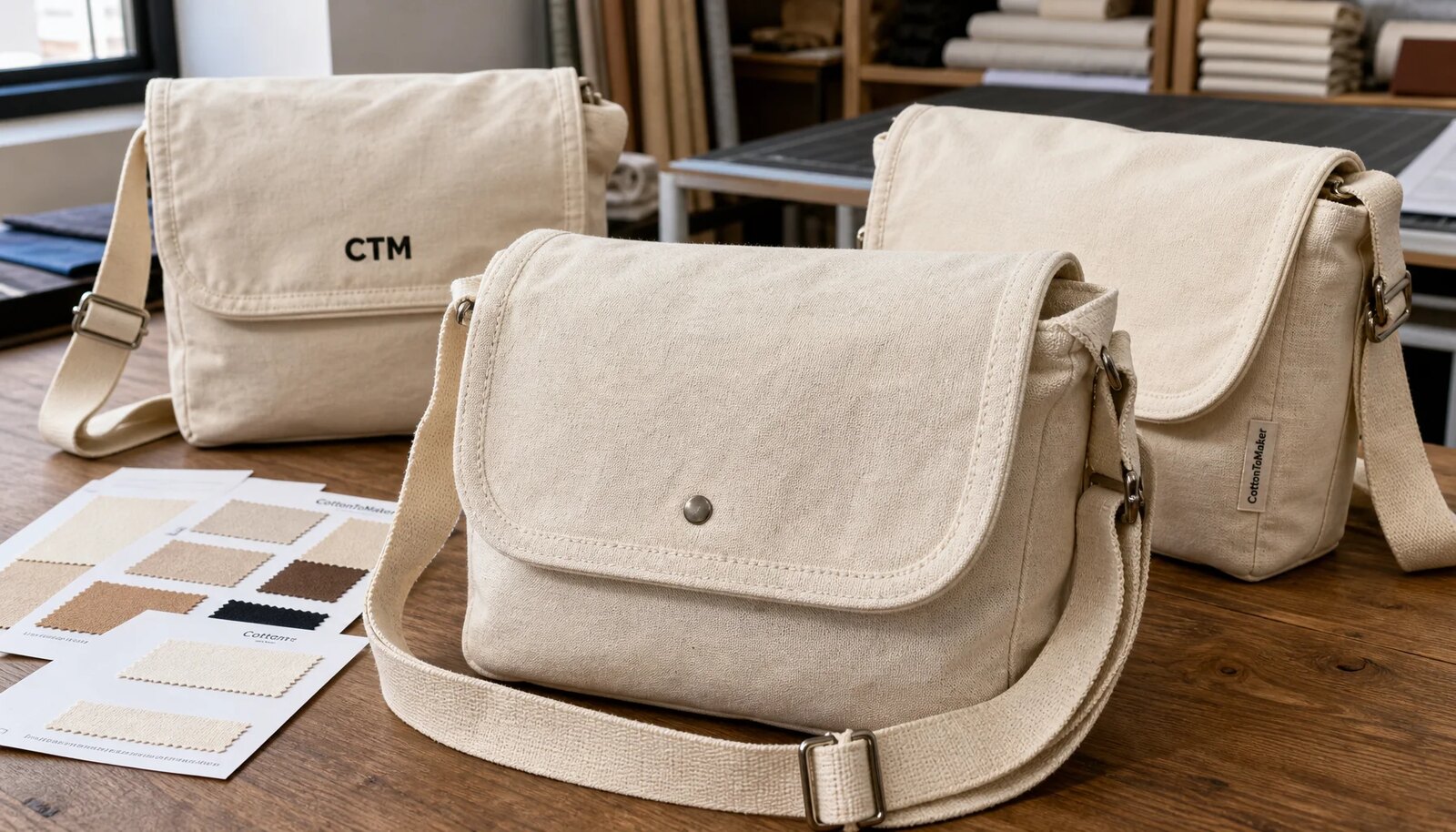 Canvas messenger bag samples with CTM logo and fabric swatches for wholesale craft fair sourcing