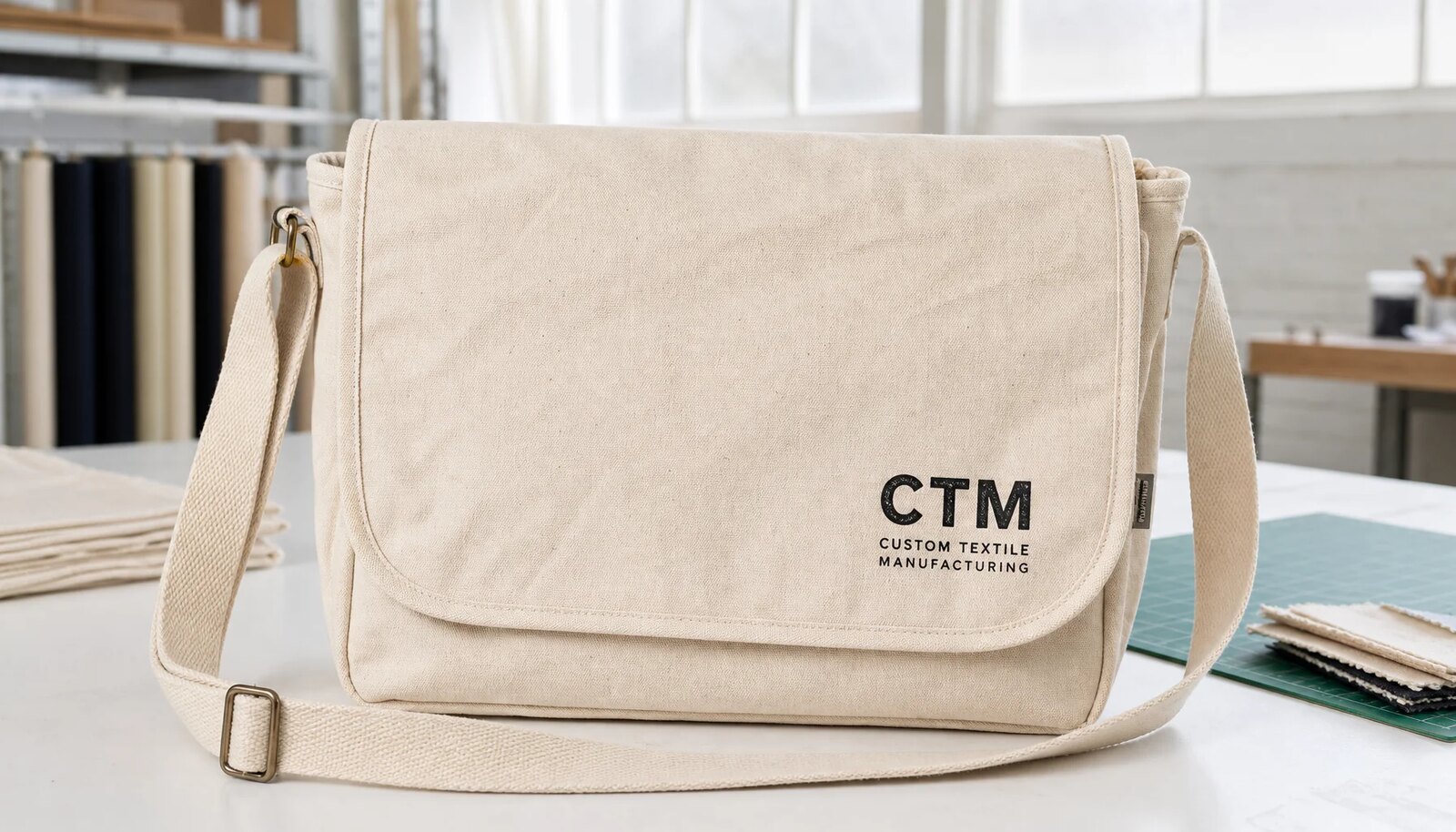 Natural canvas messenger bag with CTM sample logo printed on the front flap in a clean studio