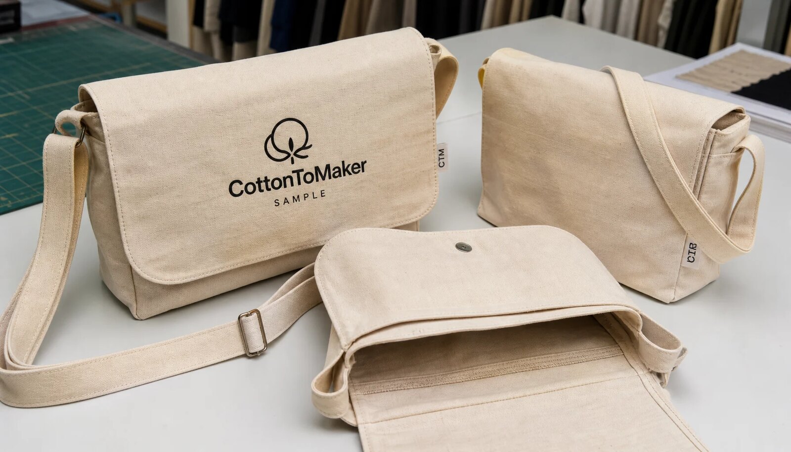 Natural canvas messenger bag samples with CTM woven side label and CottonToMaker sample logo