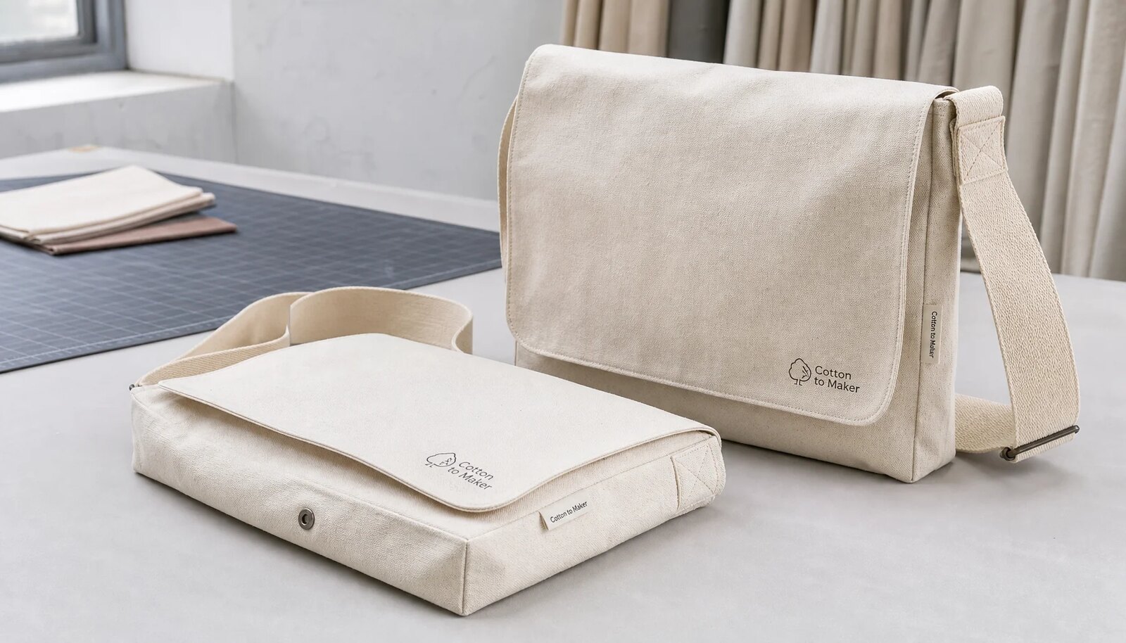 Natural cotton canvas messenger bag sample with screen print, woven side label, flap closure, and reinforced strap stitching