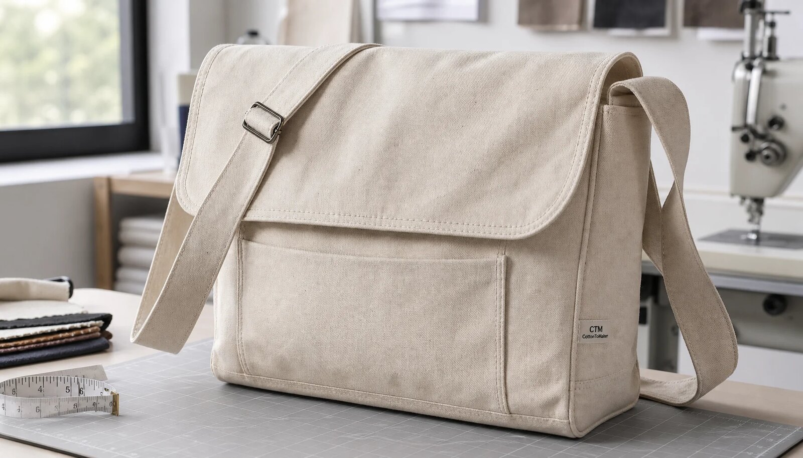 Natural canvas messenger bag sample with CTM CottonToMaker woven side label