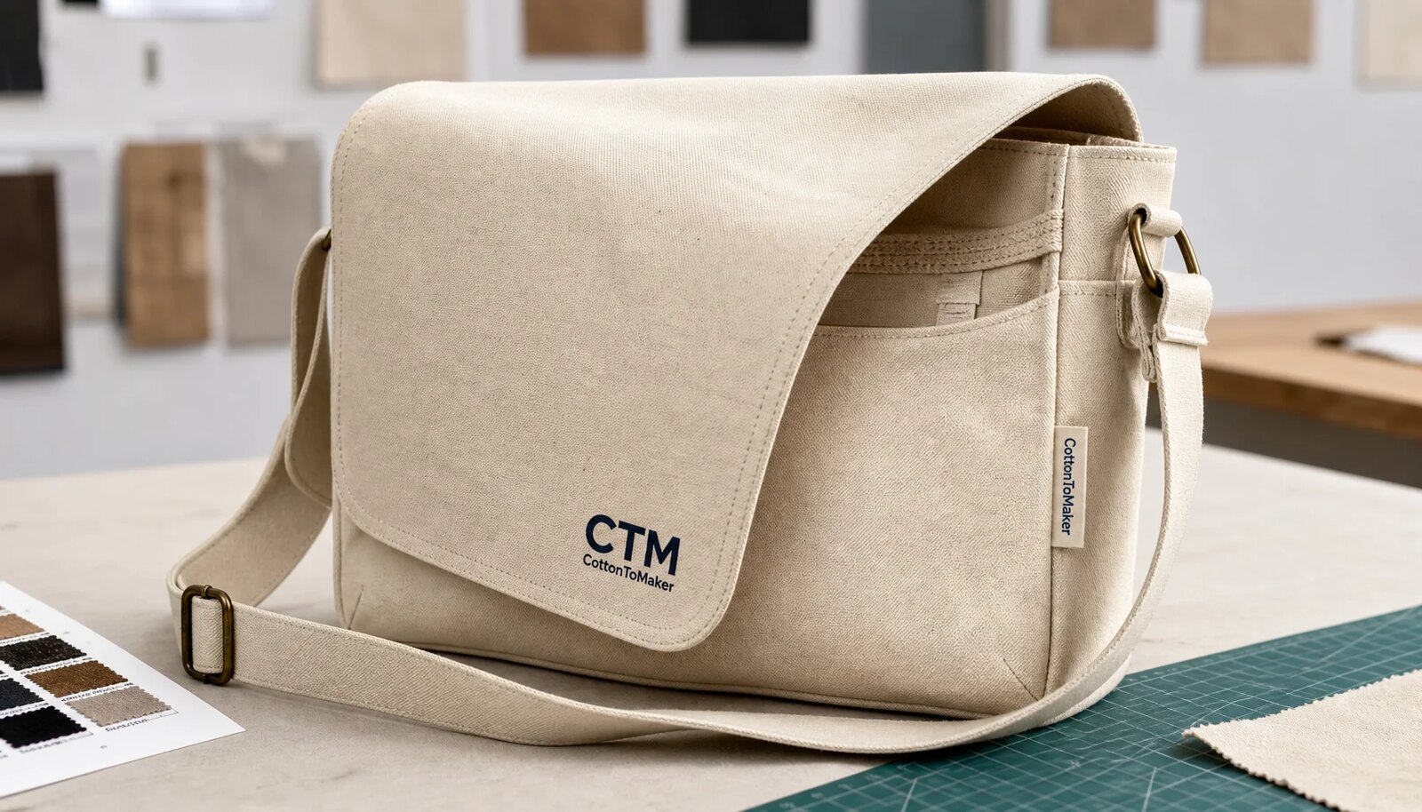 Natural canvas messenger bag with CTM logo and woven CottonToMaker side label in a clean sample room