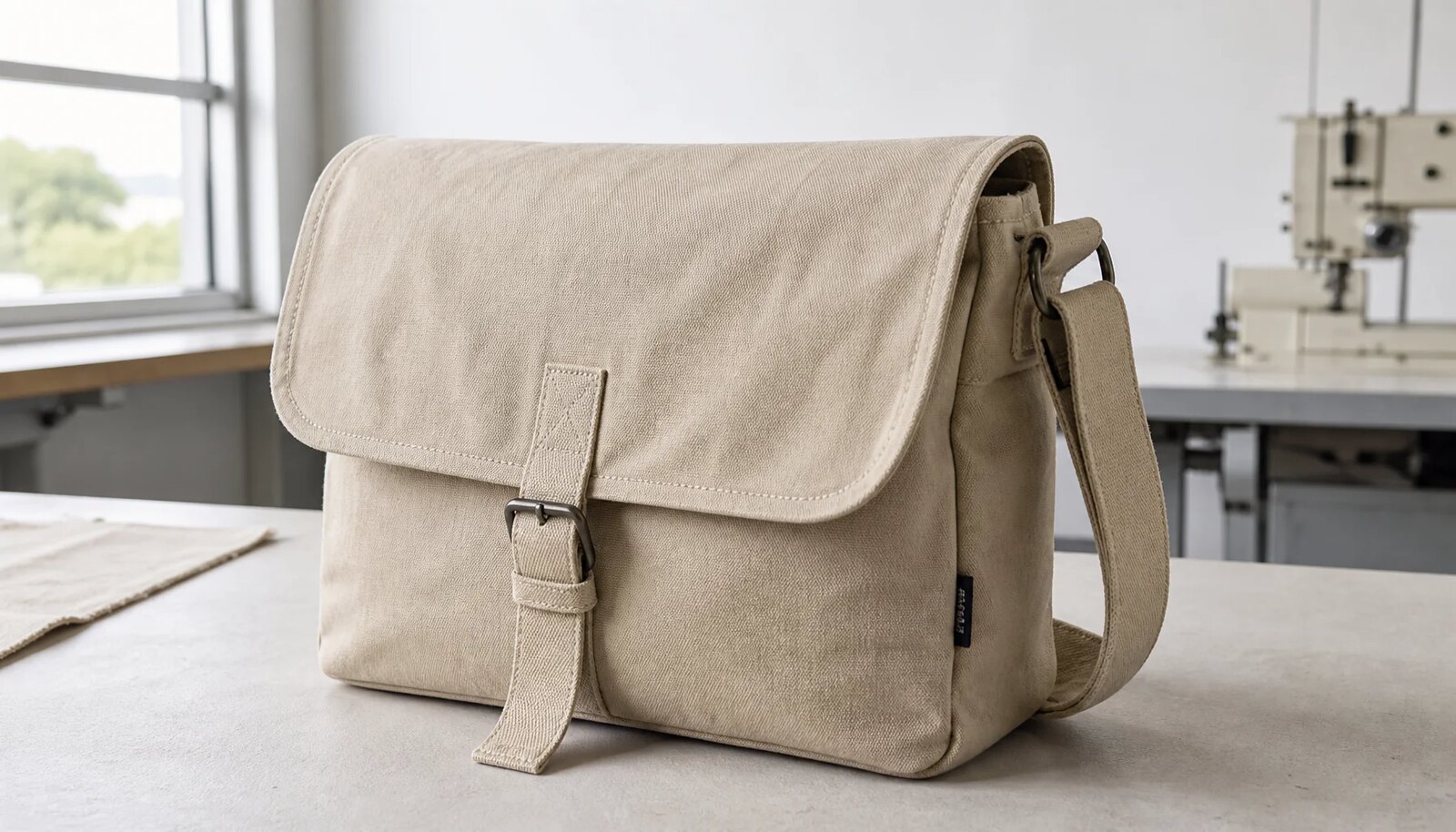 Photorealistic wholesale canvas messenger bag with a visible CTM side label in a factory sample room