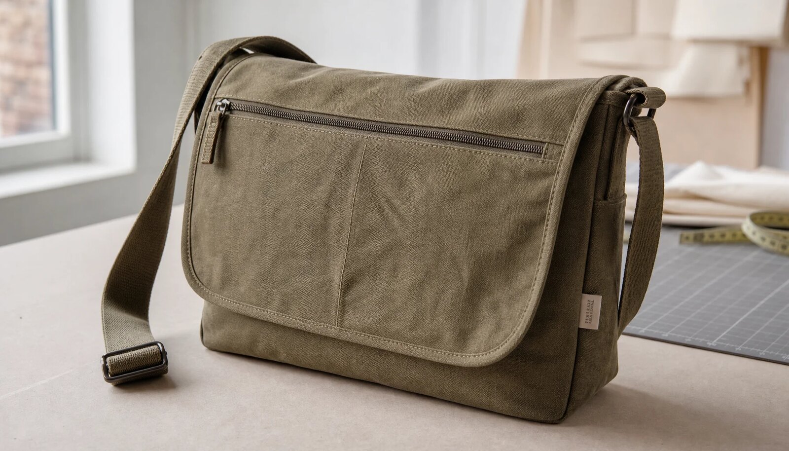 Photorealistic canvas messenger bag sample with a small CTM CottonToMaker logo on the bag label in a clean studio setting