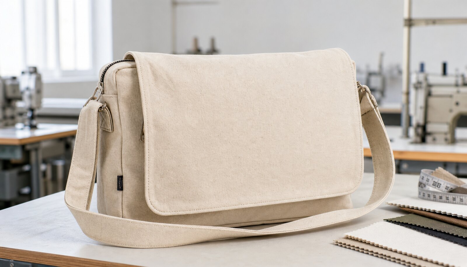 Natural canvas messenger bag with a small CTM woven side label photographed in a clean factory sample room
