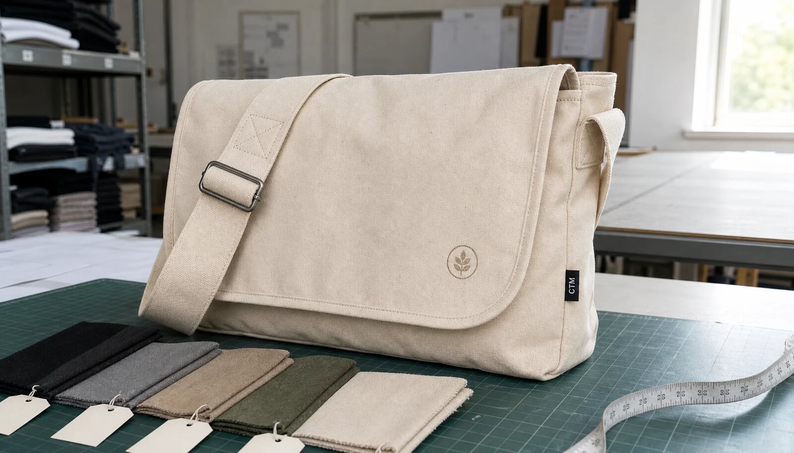 Natural canvas messenger bag sample with reinforced strap stitching and printed logo in a factory sample room