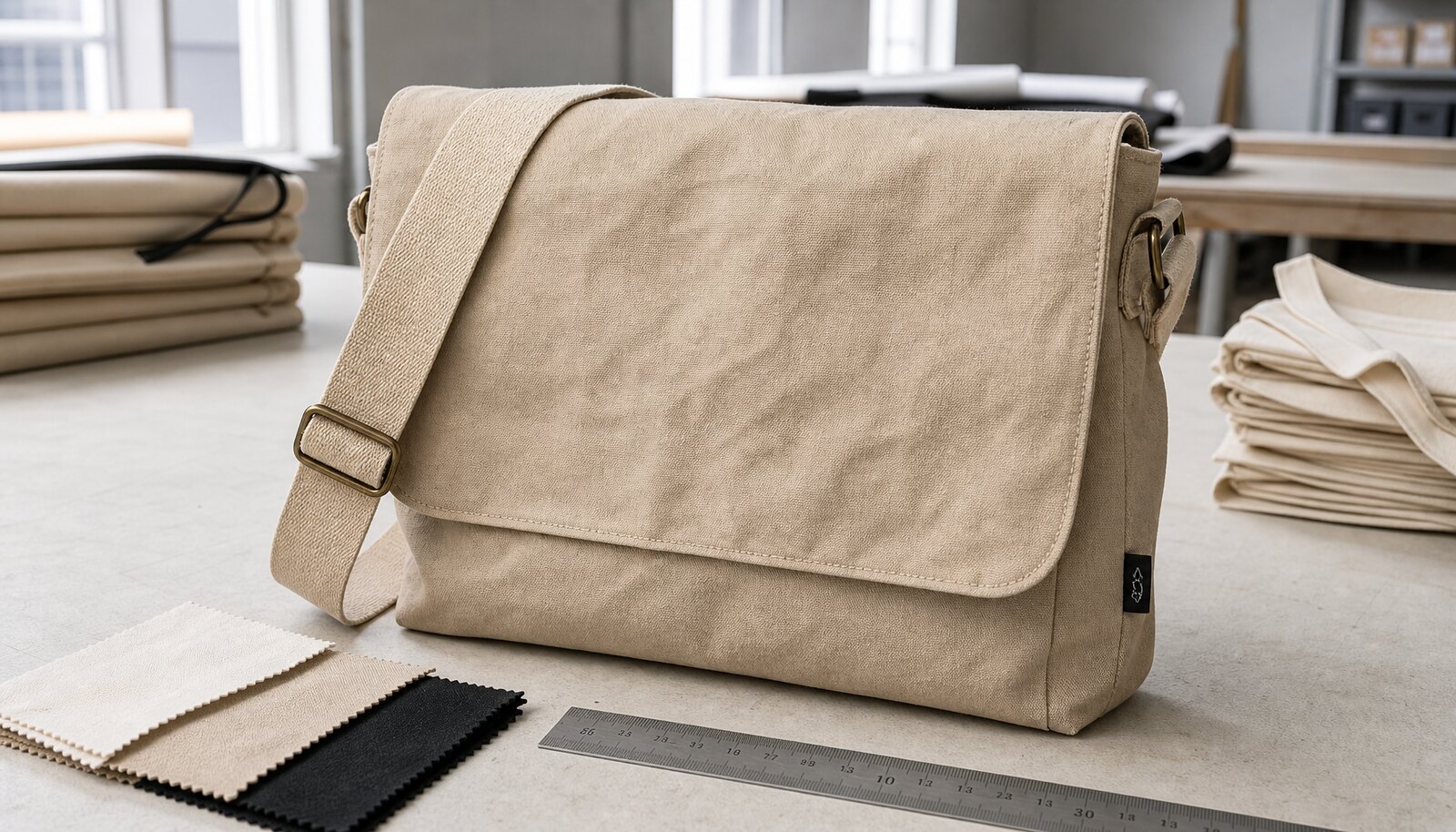 A factory sample room photo of a canvas messenger bag with a small CTM CottonToMaker logo on the bag