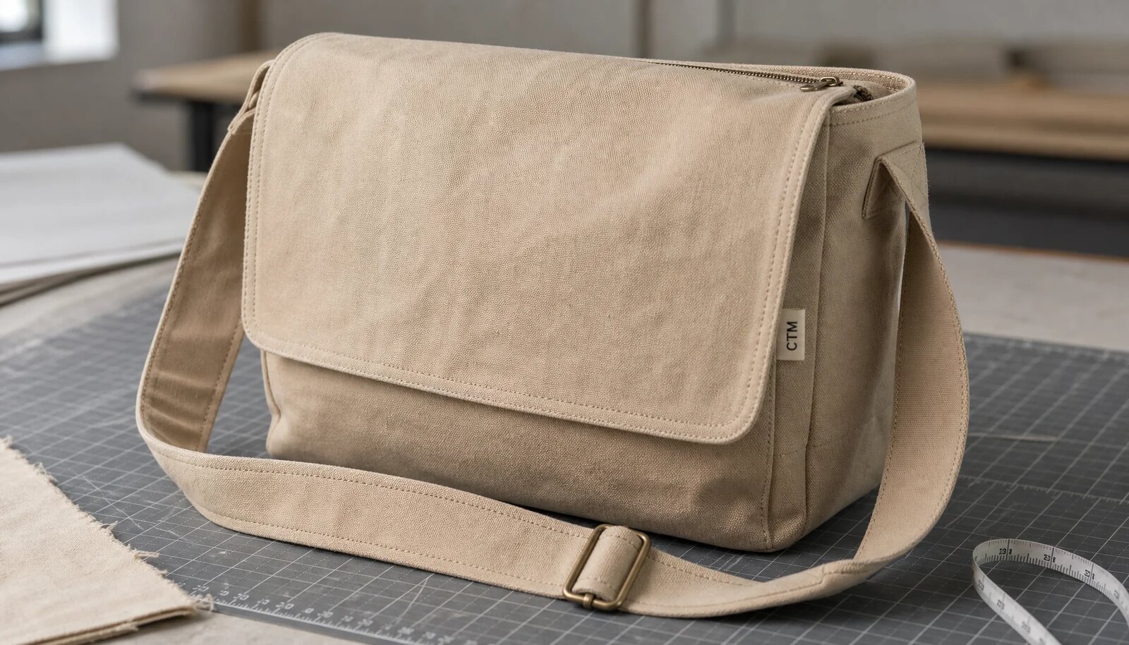 Natural canvas messenger bag with CTM side label in a factory sample room