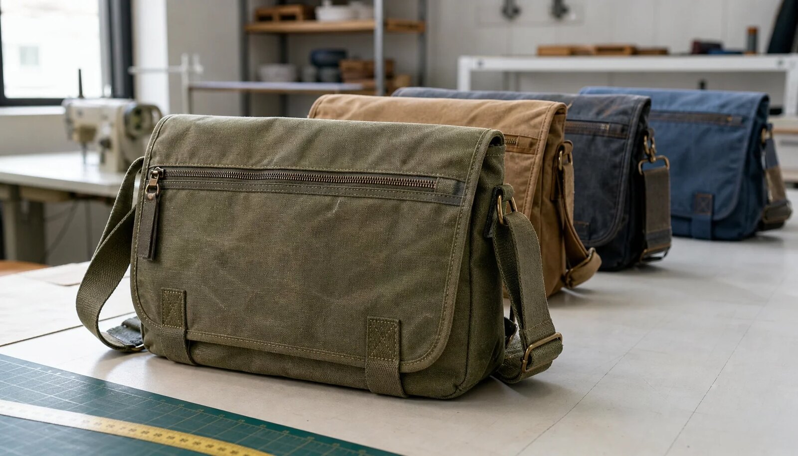 Wholesale canvas messenger bags with reinforced stitching and sample logo in a factory sample room