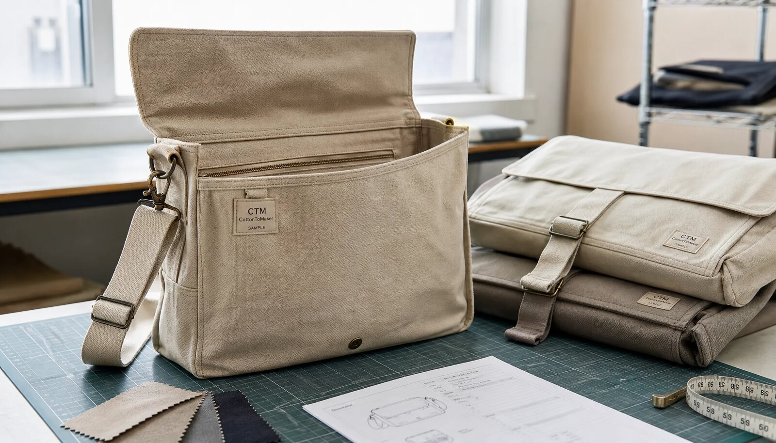 Wholesale canvas messenger bags in a factory sample room with visible stitching, webbing straps, and a CTM sample logo