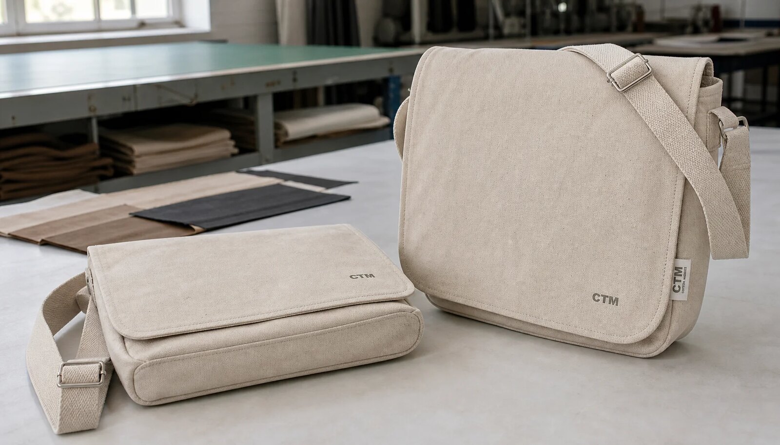 Canvas messenger bag with a simple CTM label in a clean factory sample room